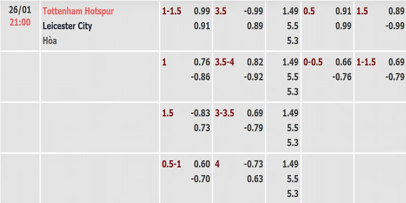 Tỷ lệ kèo trận Tottenham và Leicester được cập nhật sớm nhất
